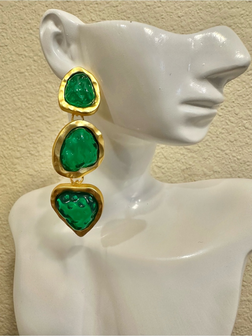 Matte Gold-Plated Green  Resin Triple Drop Statement Earrings (High Quality)